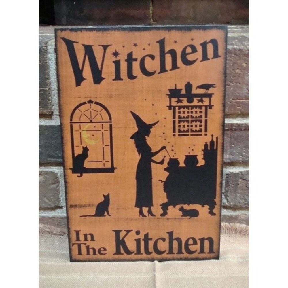Primitive Wood Witch Sign Witchen in the Kitchen Witches witchcraft cafe cats